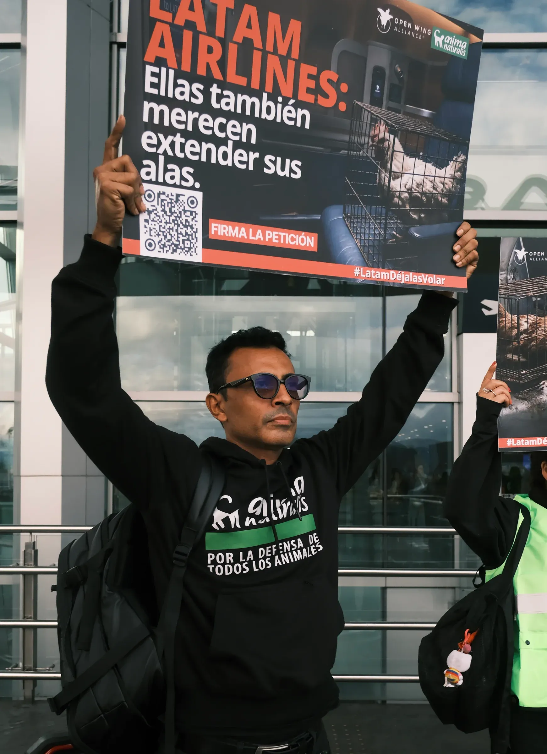 Un activista con camiseta de AnimaNaturalis levanta sobre su cabeza un cartel que dice «LATAM Airlines. Ellas también merecen extender sus alas».