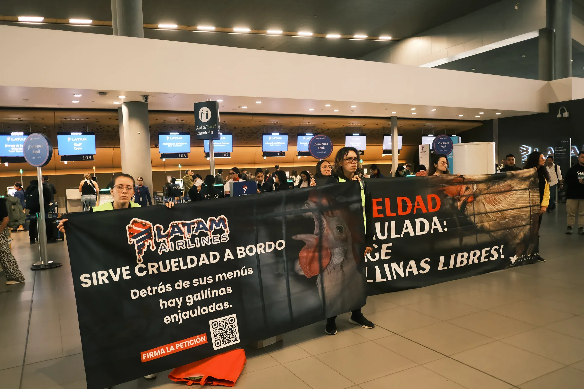 Dos activistas extienden pancartas dentro de la terminal, frente a los mostradores de check-in de LATAM.