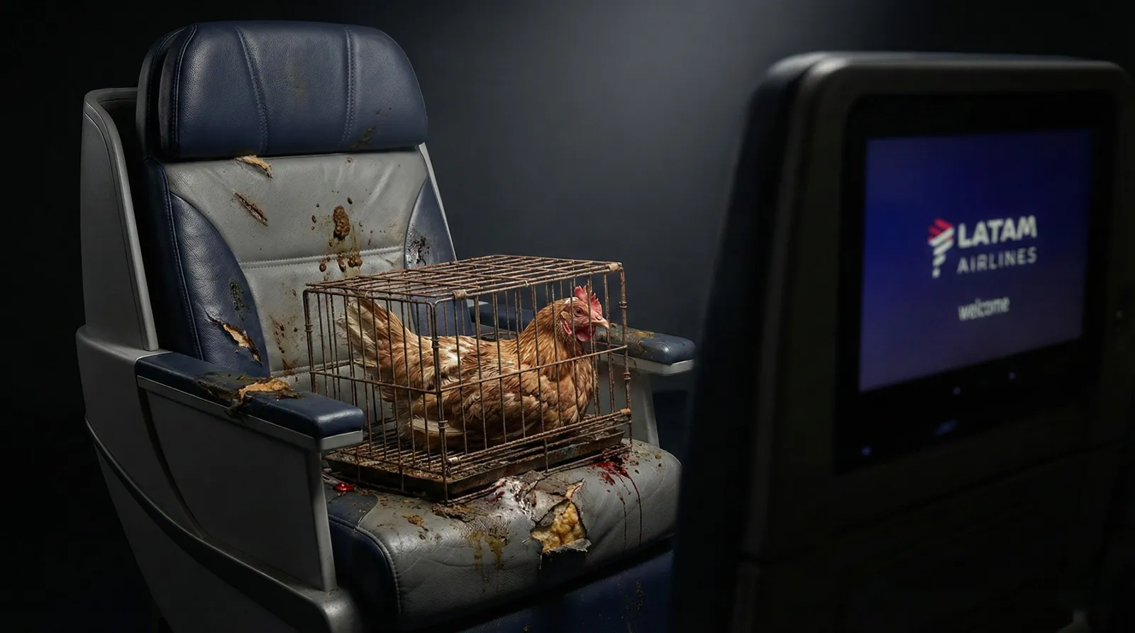 Una gallina dentro de una jaula sobre un asiento de avión